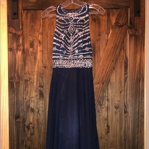 Navy blue high neck formal dress